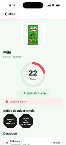 Pantalla de producto en Luppa con calificación de salud y sellos de advertencia